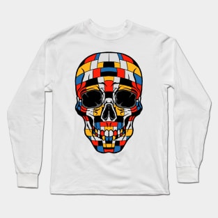 Skull In Piet Mondrian Art Composition with Red Blue and Yellow Long Sleeve T-Shirt